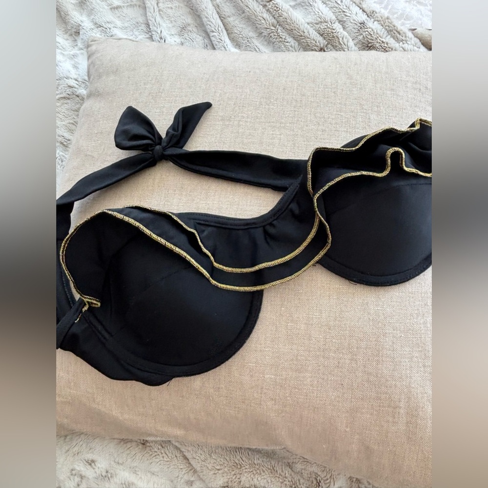 Black with Gold Trim Double Ruffle Halter Bikini Top. S